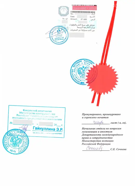 Прошивка Минюста, штамп Консульского департамента МИД России и наклейка посольства Катара